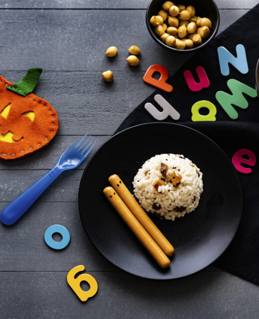 kids halloween party food with pumpkin risotto frankfurters background wallpaper